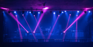 Installations empty stage concert with colorful lighting laser beam spotlight show in disco pub club bar background for party music dancing festival performance. entertainment nightlife. celebration event.